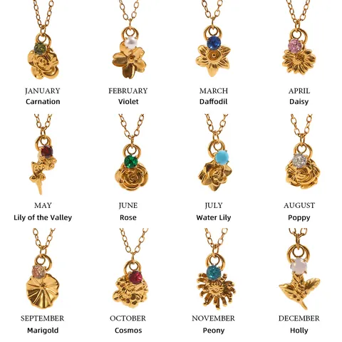 Stainless Steel 18K Gold Plated 12 Months Birth Flower Pendant Necklace Elegant Floral Rhinestone Jewelry For Women