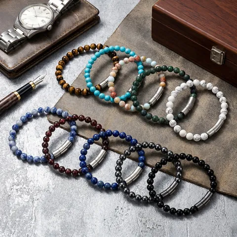 Bracciale Retrò con Perline in Pietra Naturale per Uomo Donna Chiusura a Scatto in Acciaio Inossidabile Occhio di Tigre Agata