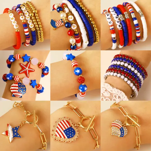 Patriotic USA Independence Day Bracelet Set For Women Polymer Clay Heishi Beads Alloy Rhinestone Star Heart Letter Jewelry