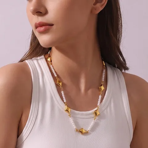 Collar De Estilo Coreano De Acero Inoxidable Chapado En Oro Con Forma De Diamante Y Perla Artificial Para Mujer Joyería Elegante
