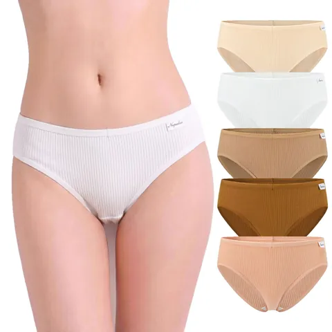 Women Cotton Ribbed Panties Low Waist Breathable Soft Briefs Solid Color Tummy Control Knitted Daily Lingerie Underwear