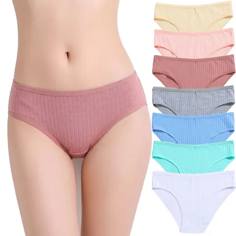 Women Cotton Ribbed Panties Breathable Solid Color Low Waist Comfortable Briefs Soft Knit Lingerie