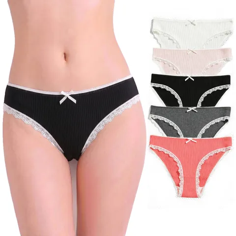 Mutandine In Cotone A Costine Da Donna Bordo In Pizzo Vita Bassa Traspirante Fiocco Decorativo Intimo