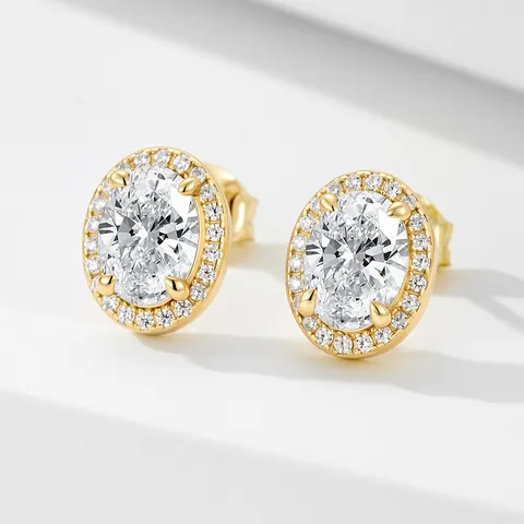 Pendientes de Botón Halo Ovalados de Plata de Ley 925 para Mujer Exquisitos Pendientes Incrustados con Diamantes de Imitación Geométricos Chapados en Oro Plata