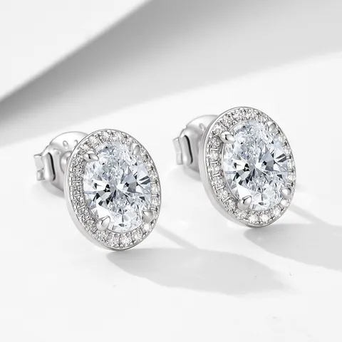 Pendientes de Botón Halo Ovalados de Plata de Ley 925 para Mujer Exquisitos Pendientes Incrustados con Diamantes de Imitación Geométricos Chapados en Oro Plata