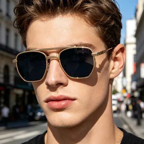 Lunettes De Soleil Carrées Homme Rétro Métal Double Pont Monture Géométrique Protection UV400 Mode Pilote Pour Conduire