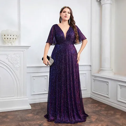 Abito da Sera con Paillettes Taglie Forti da Donna Elegante Scollo a V Profondo Manica a Volant Vita Alta Abito Maxi Viola
