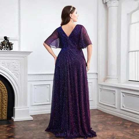 Abito da Sera con Paillettes Taglie Forti da Donna Elegante Scollo a V Profondo Manica a Volant Vita Alta Abito Maxi Viola