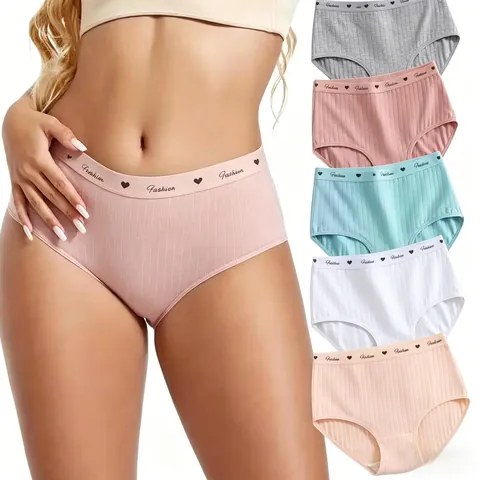 Women Panties High Waisted Cotton Ribbed Knit Underwear Breathable Tummy Control Solid Color Fashion Letter Heart Print Briefs