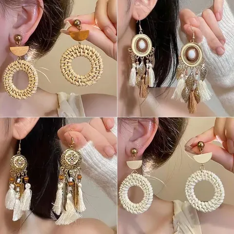 Bohemian Dangle Earrings Feather Tassel Rattan Woven Flower Petal Ethnic Style With 925 Sterling Silver Earring Post