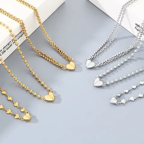 Collana con Chiusura Magnetica a Cuore in Acciaio Inossidabile Unisex Catena a Sfere Doppio Strato O-Chain Gioielli Hip Hop