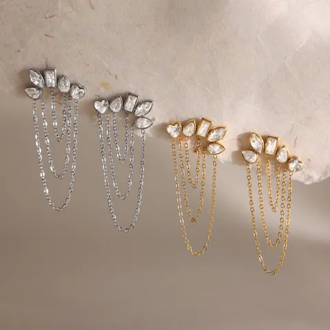 Boucles d'Oreilles Gland en Chaîne de Zirconia Géométrique en Acier Inoxydable Plaqué Or 18K pour Femmes Bijoux