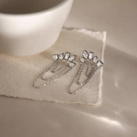 Boucles d'Oreilles Gland en Chaîne de Zirconia Géométrique en Acier Inoxydable Plaqué Or 18K pour Femmes Bijoux