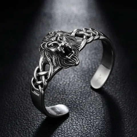 Lion Head Open Cuff Bracelet Stainless Steel Celtic Knot Punk Viking Style Antique Silver For Men