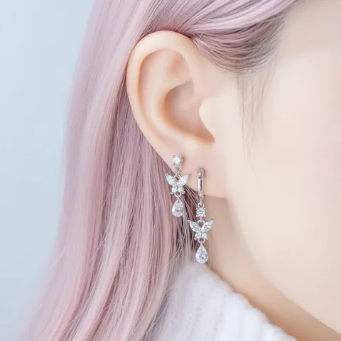 Pendientes de Mariposa Gota de Agua Circonia Aleación de Titanio Clavo de Cartílago para Mujer Joyería de Plata