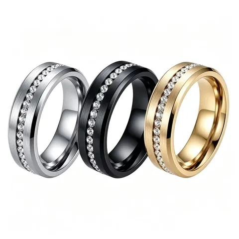 Bague Anneau en Acier Inoxydable Hommes Femmes Pavé Rangée Unique Strass Finition Brossée Or Argent Noir Bijoux Punk