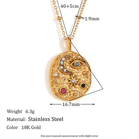 Vintage Stainless Steel Star Moon Pendant Necklace Hammered Gold Plated Rhinestone Artificial Pearl Evil Eye Ring Jewelry