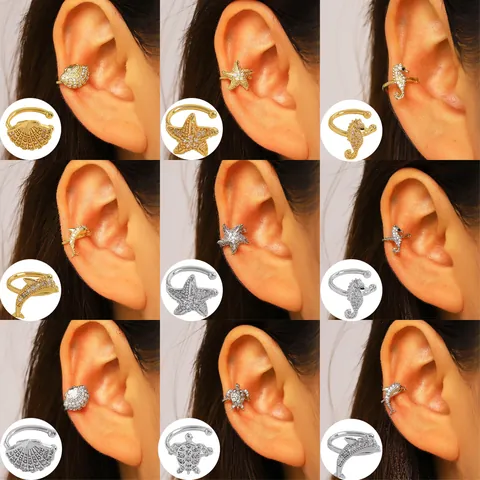 Ocean Theme Zirconia Non Pierced Ear Cuffs Copper Earrings Sea Turtle Starfish Shell Dolphin Seahorse Ear Bone Clip For Women