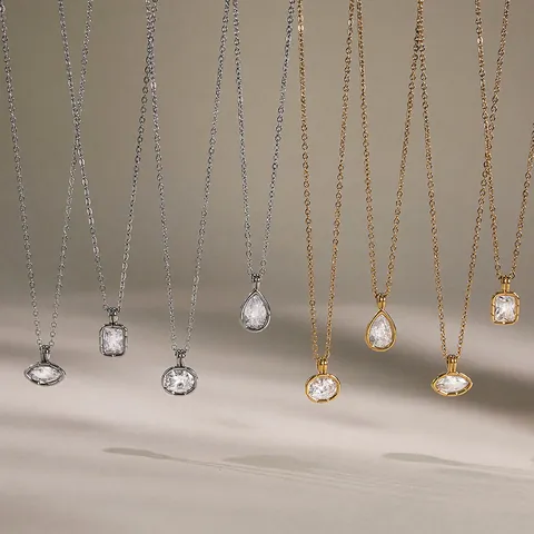 Stainless Steel Ribbed Edge Rhinestone Pendant Necklace Geometric Pear Round Shape Inlaid Jewelry For Women Necklaces