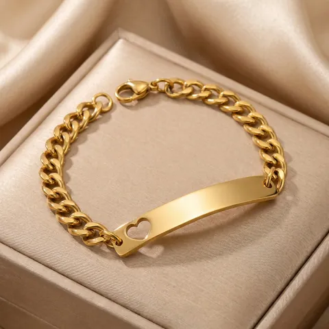 Unisex Stainless Steel Heart Cutout Curved ID Plate Bracelet Cuban Chain Engravable Memorial Jewelry For Men Women