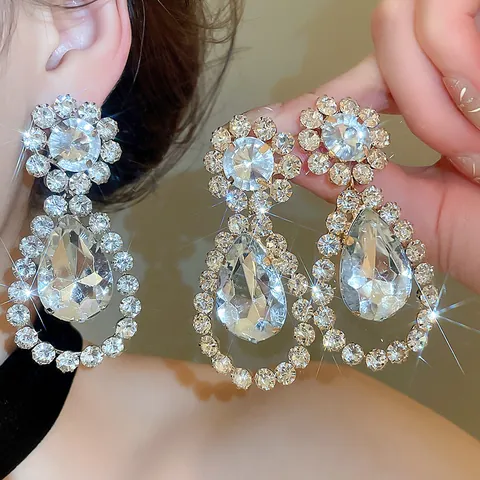 Luxury Rhinestone Water Drop Earrings For Women 925 Sterling Silver Earring Post Vintage Exaggerated Wedding Party Jewelry