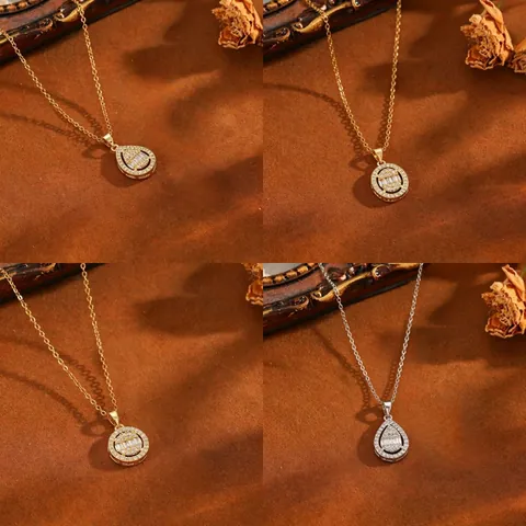 Light Luxury Titanium Steel Rhinestone Pendant Necklace Geometric Water Drop Oval Round Gold Silver Jewelry For Women