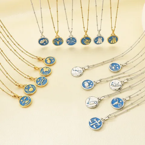 Collar con Colgante de Doce Signos del Zodiaco de Acero Inoxidable Esmalte Azul Moneda Redonda Mapa de Estrellas Joyería para Hombres Mujeres Regalo