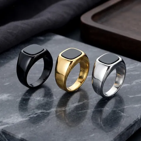 Men Vintage Square Black Agate Signet Ring Titanium Steel High Polished Personalized Minimalist Band Jewelry Accessory Gift