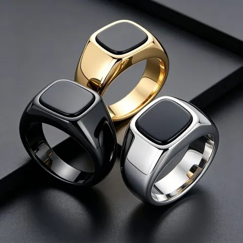 Men Vintage Square Black Agate Signet Ring Titanium Steel High Polished Personalized Minimalist Band Jewelry Accessory Gift