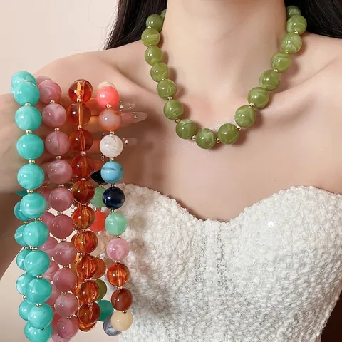 Bohemian Acrylic Marble Round Bead Necklace Bracelet Set Colorful Dopamine Jewelry For Women Summer Travel Party Gift