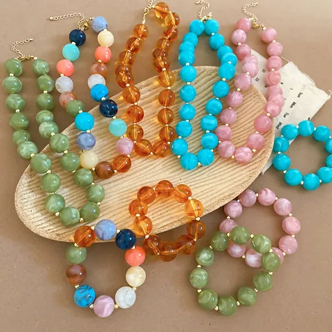Bohemian Acrylic Marble Round Bead Necklace Bracelet Set Colorful Dopamine Jewelry For Women Summer Travel Party Gift