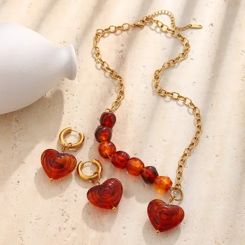 Vintage Bernstein Acryl Spirale Herz Schmuck Achtzehn K Vergoldet Edelstahl Anhänger Halskette Und Ohrhänger Für Damen