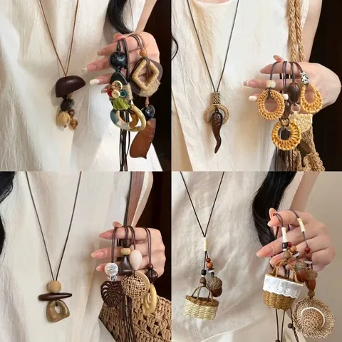 New Chinese Ethnic Style Resin Pendant Necklace For Women Vintage Brown Geometric Handmade Adjustable Rope Clavicle Chain Jewelry