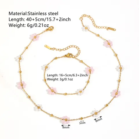 Sweet Titanium Steel Floral Jewelry Set For Women Beaded Pink White Flower Necklace Bracelet Set Summer Vacation Gold Plated Stainless Steel Chain