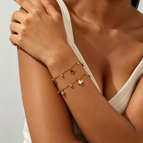Minimalistische Goud Titanium Staal Vlinder Parelmoer Hanger Sieraden Voor Vrouwen Elegante Strass Ingelegde Ketting Armband En Enkelband Collectie