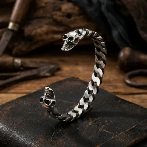 Herren Edelstahl Totenkopf Wolfskopf Manschettenarmreif Vintage Punk Geflochtene Kette Gothik Schmuck Für Männer