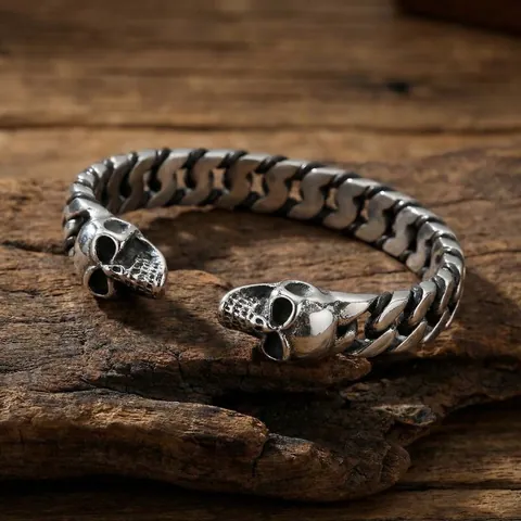 Herren Edelstahl Totenkopf Wolfskopf Manschettenarmreif Vintage Punk Geflochtene Kette Gothik Schmuck Für Männer