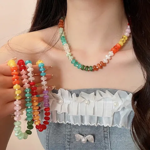 Sweet Dopamine Style Rainbow Acrylic Beaded Choker Necklace For Women Colorful Irregular Acrylic Beads Handmade Strand Neckwear Jewelry Gift