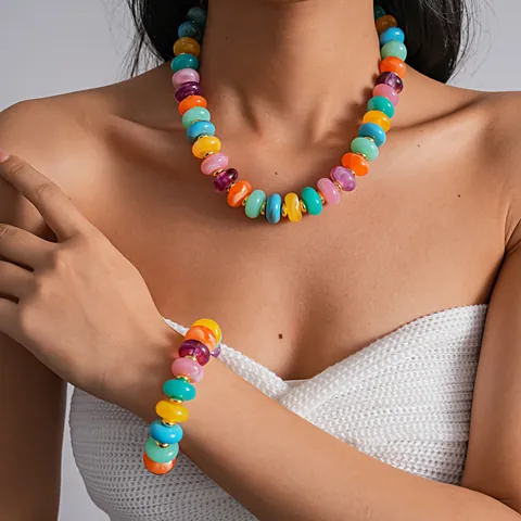 Vintage Colorful Acrylic Beaded Necklace Bracelet Set Marble Texture Smudge Effect Gold Metal Spacers Clavicle Chain Jewelry For Women