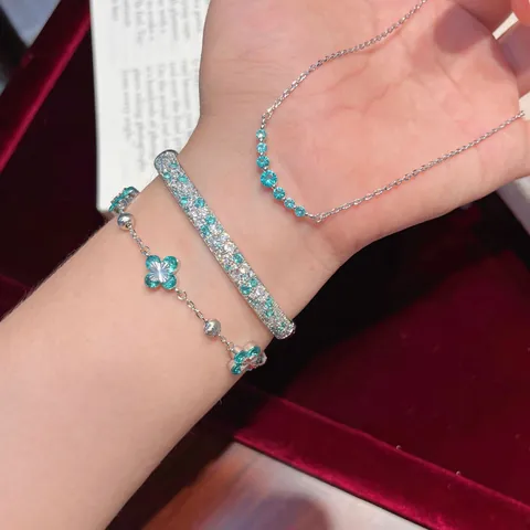 Mint Sea Salt Zirconia Flower Necklace And Bangle Set Copper Silver Plated Clover Jewelry For Women Elegant Accessory