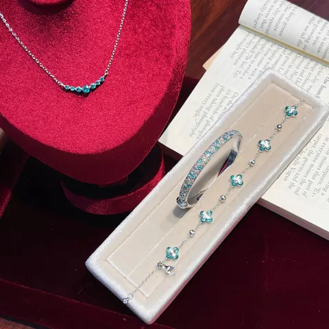 Mint Sea Salt Zirconia Flower Necklace And Bangle Set Copper Silver Plated Clover Jewelry For Women Elegant Accessory