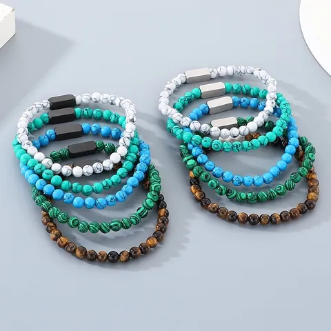 Vintage Edelstahl Gravierbares Quadrat Perlenarmband Natürlicher Tigerauge Lavastein Türkis Achat Perlenarmband Für Unisex