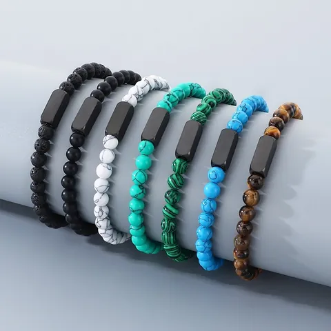 Vintage Edelstahl Gravierbares Quadrat Perlenarmband Natürlicher Tigerauge Lavastein Türkis Achat Perlenarmband Für Unisex