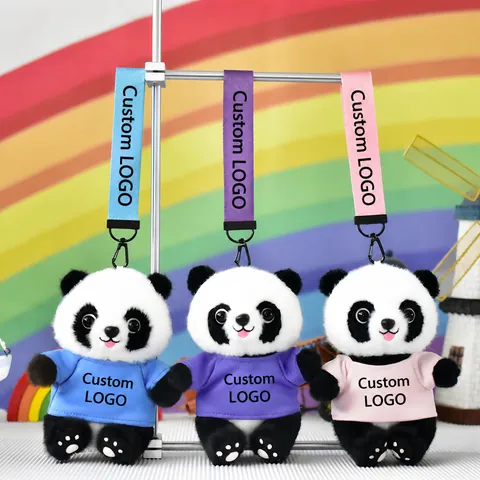 Simpatico Cartone Animato Panda Vestito Portachiavi in Peluche Morbido Animale di Peluche Giocattolo Corda Arcobaleno T-Shirt Ciondolo da Borsa per Decorazione Regalo