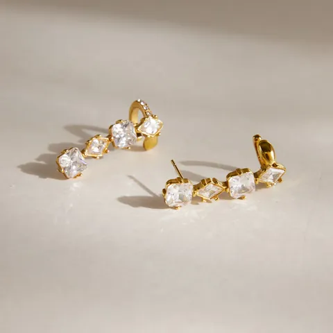 Pendientes de Botón de Lujo en Acero Inoxidable con Circonia para Mujer Clip de Oreja Integrado Joyería de Moda Geométrica