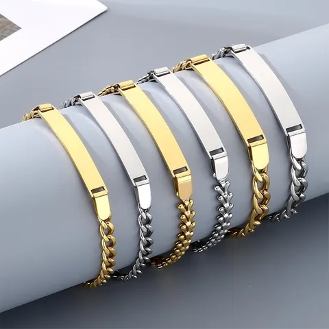 Minimalistische Roestvrijstalen DIY Graveerbare Gebogen Bar Armband Figaro Cubaanse Ketting Link Gepersonaliseerde Sieraden Cadeau Unisex