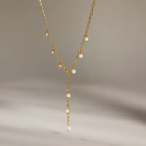 Collana con Ciondolo in Acciaio Inossidabile con Perle d'Acqua Dolce e Zirconia per Donna Gioielli di Moda Geometrici