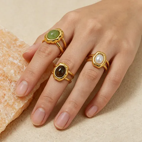 Western Fashion 304 Stainless Steel Open Ring 14K Gold Plated Tiger's Eye Green Aventurine Artificial Pearl Irregular Bezel Ring For Women