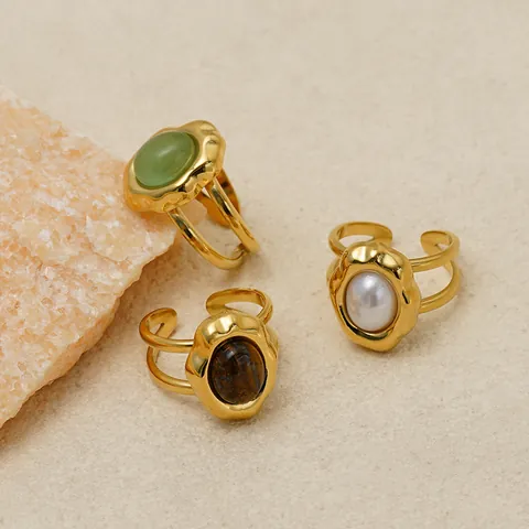Western Fashion 304 Stainless Steel Open Ring 14K Gold Plated Tiger's Eye Green Aventurine Artificial Pearl Irregular Bezel Ring For Women