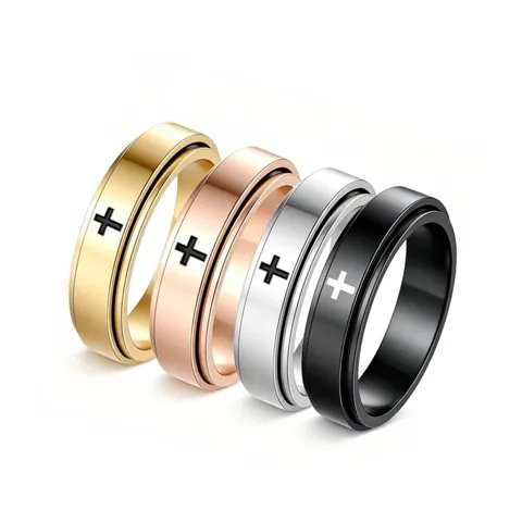 Unisex Rotatable Stainless Steel Cross Spinner Ring Personalized Couple Stress Relief Band Ring Fashion Religious Jewelry